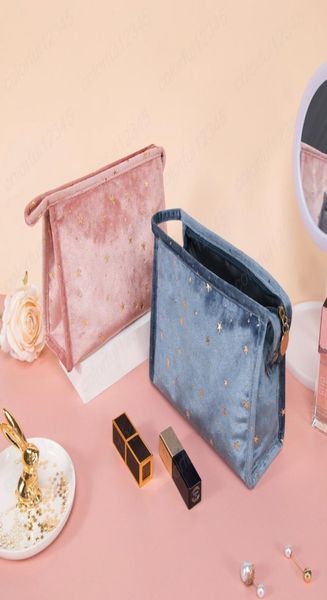

womens soft velvet cosmetic bag zipper gold star makeup bags solid color female travel make up pouch beauty cases3862850