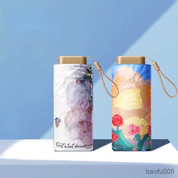 

umbrellas ultra-light oil painting black rubber umbrella gold sunscreen folding umbrella small convenient capsule six-fold sun umbrella r230