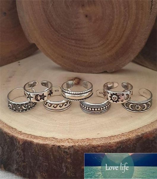 

7pcsset vintage adjustable opening finger ring retro hollow carved star moon toe rings kits bohemian beach foot rings jewelry3830810, Silver
