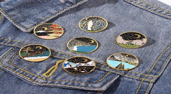 

starry night moon enamel brooches outdoors mountain river landscape pins bades for denim clothes bag jewelry christmas new year gi8086881, Gray