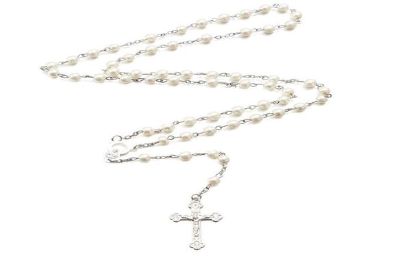 

pendant necklaces alloy christian cross rosary simulation pearl bead necklace for women men catholic religious jewelry8134705, Silver