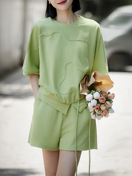 

two piece dress summer casual green two-piece women's 2023 lace up o short sleeved elastic waist shorts set women's simple sportsw, White