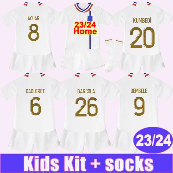 

2023 24 aouar dembele kids kit soccer jerseys lacazette kadewere cherki home white child suit football shirt short sleeve uniforms, Black