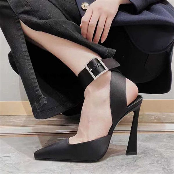 

nxy sandals designer satin crystal buckle strap women pumps fashion pointed toe slingbacks mules shoes thin high heels 230511, Black