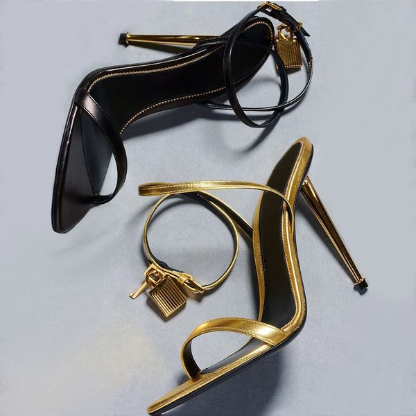 

Laminated Nappa Leather Padlock Pointy Naked Sandal Metallic feeling Stiletto Heel Sandals 10.5cm Designer Women High Heels Ankle Strap Dress shoe factory footwear, 46_color