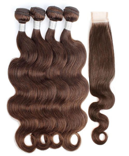 

4 chocolate brown brazilian hair weave bundles with closure body wave 34 bundles with 2x6 lace closure remy human hair extension6464370, Black;brown