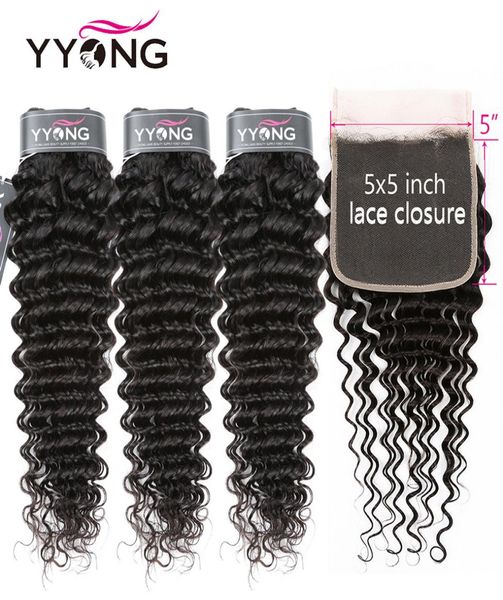 

yyong 34 deep wave bundly wita 5x5 lace closury 830 inch peruvian remy human hair closure with bundles double strong weft9877276, Black;brown