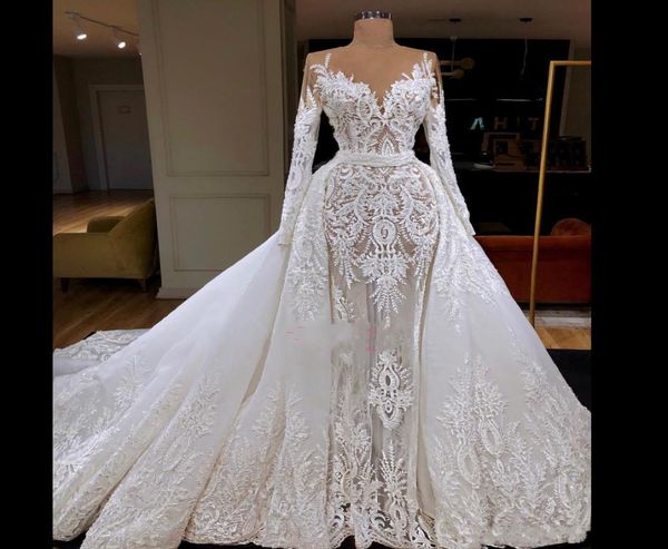 

african mermaid wedding dress with detachable train sheer vestidos de noiva lace appliqued bridal gown long sleeves overskirts wed4079231, White