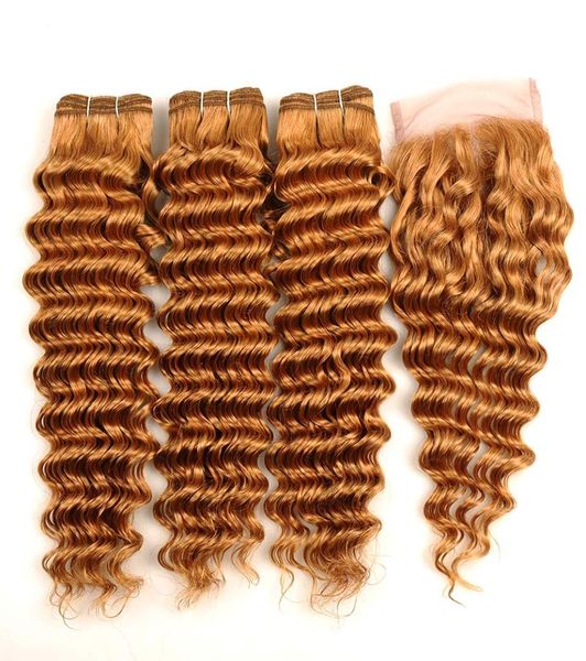 

deep wave honey blonde hair bundles with lace closure deep curly virgin peruvian hair extension and 4x4 lace closure 4pcslot1279183, Black;brown