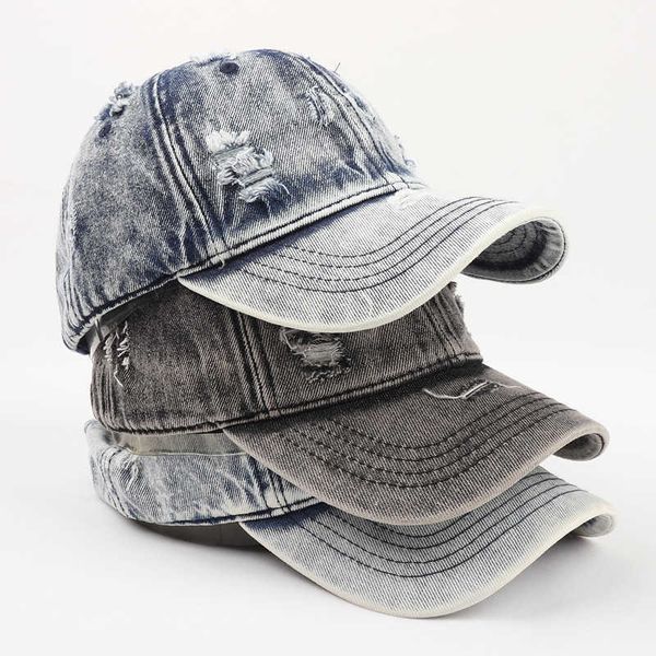 

washed cowboy cap fashionable fashion men's soft worn out broken hole curved visor cap, Blue;gray