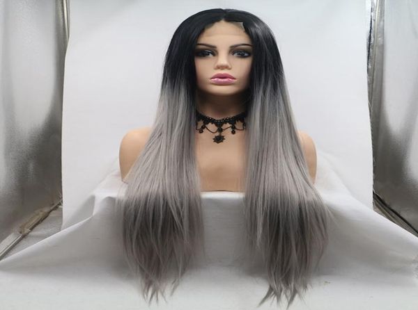 

aohai stock ombre gray 24 inches long straight heat resistent fiber synthetic lace front wigs machine made narrow lace natural hai2741065, Black