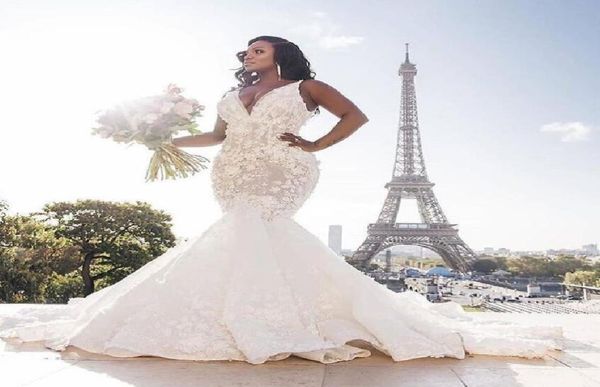 

african long mermaid wedding dresses plus size 3d flower lace appliques sweep train trumpet bridal gowns custom made6814419, White
