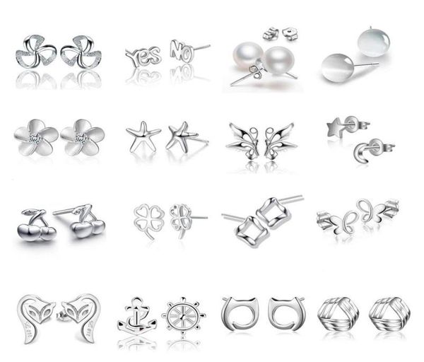 

fashion 925 sterling silver plated small stud pearl opal moon heart love letters stud earrings for women jewelry8040618, Golden;silver