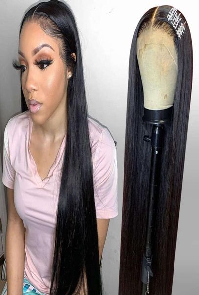 

30 inch lace front human hair wigs 13x4 straight pre plucked brazilian hd full frontal wig7524268, Black;brown