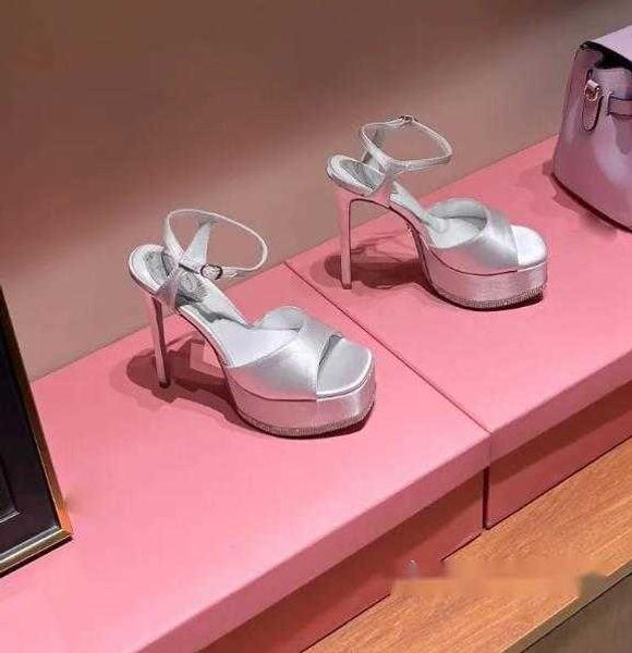 

2023 sandals 15cm ultra high heels women satin ankle strap buckle rhinestone decoration designer shoes fashion square toe party sandal, Black