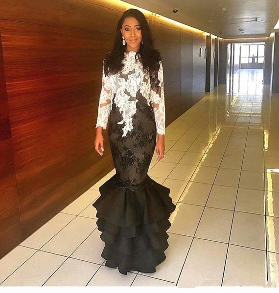 

mermaid white and black evening dresses long sleeve appliques lace ruffles tiered skirt fashion formal party gowns custom size4207484, Black;red
