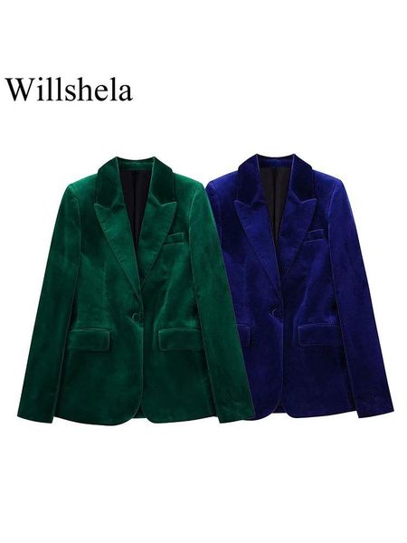 

pants willshela women fashion with pockets solid veet blazer jacket vintage notched neck with button long sleeve female chic outfits, White