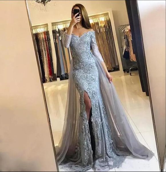 

gray evening dress with detachable train off shoulder three quarter sleeve side split mermaid lace formal party gowns custom size3347918, Black;red