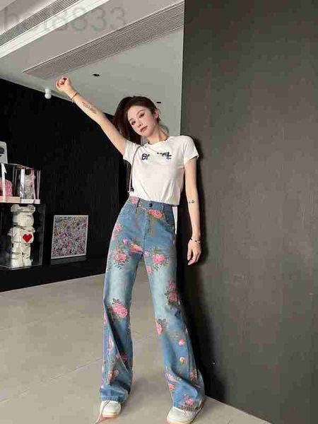

women's jeans designer printed for spring and autumn design sense, niche loose fitting high waisted straight tube wide leg pants, stree, Blue