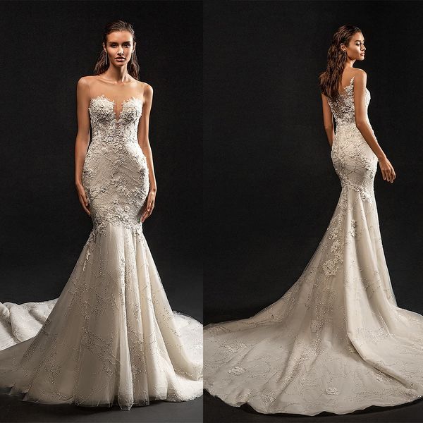 

elegant slim fit mermaid wedding dresses with shine beads new flower bridal gown tulle lace brush train robe de vestido customized, White