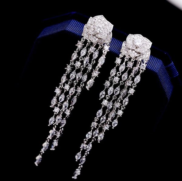 

women earrings white gold plated full cz long tassels rose earrings for girls women for party wedding nice gift7321689, Golden;silver