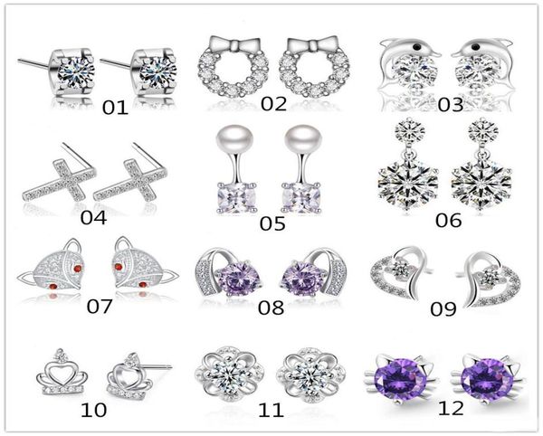 

mix style 925 sterling silver plated stud earrings heart crown cross charm earrings for women jewelry5786030, Golden;silver