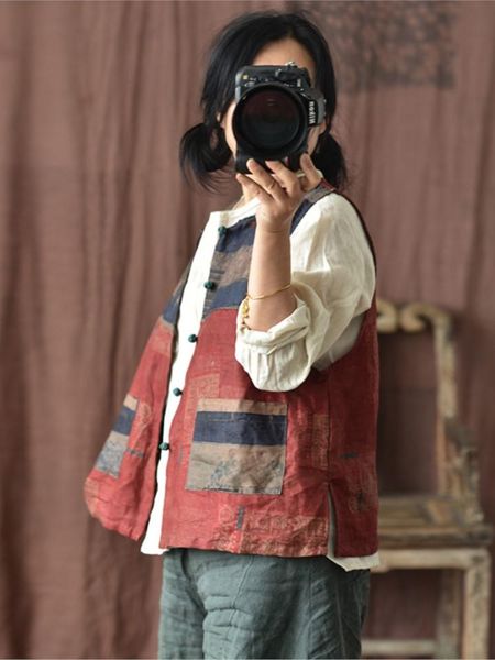 

vests women loose patchwork printed linen vest waistcoat outerwear female 2022 flax female vests spring summer, Black;white