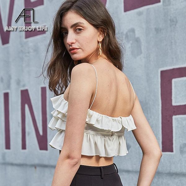 

t-shirt ael halters blouse women fashion multi layer rufflestank sleeveless female party crop top, White