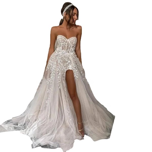 

beach boho a line wedding dresses marriage bridal gowns for bride elegant lace beads strapless illusion sheer sleeveless high side split pri, White