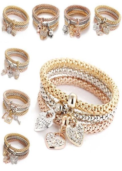 

new elastic crystal bracelet set heart key lock crown tree of life skull elephant owl charm bangle for women men fashion jewelry b6218037, Golden;silver