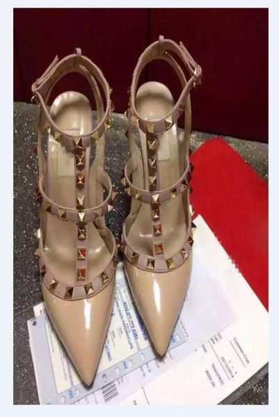 

with box brand v black pumps pointed toe tstrap stiletto heels shoes studded rivets women high heels party dress sandals wedding 6007973
