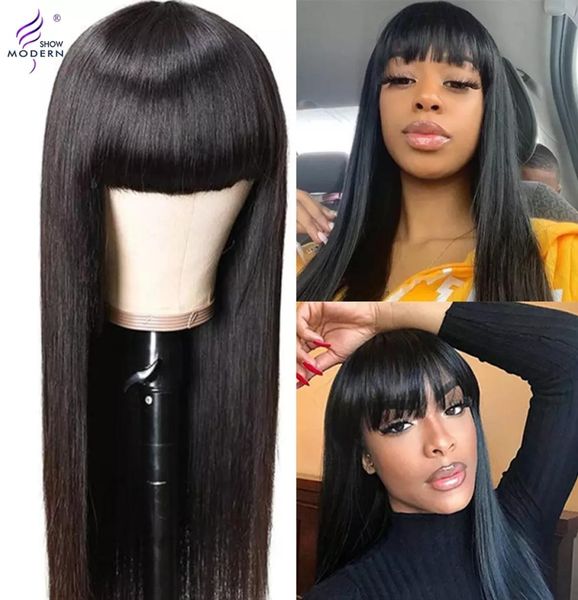 

modern show brazilian straight human hair wigs with bangs non lace full machine wig fringe remy hair 150 natural color8684406, Black;brown