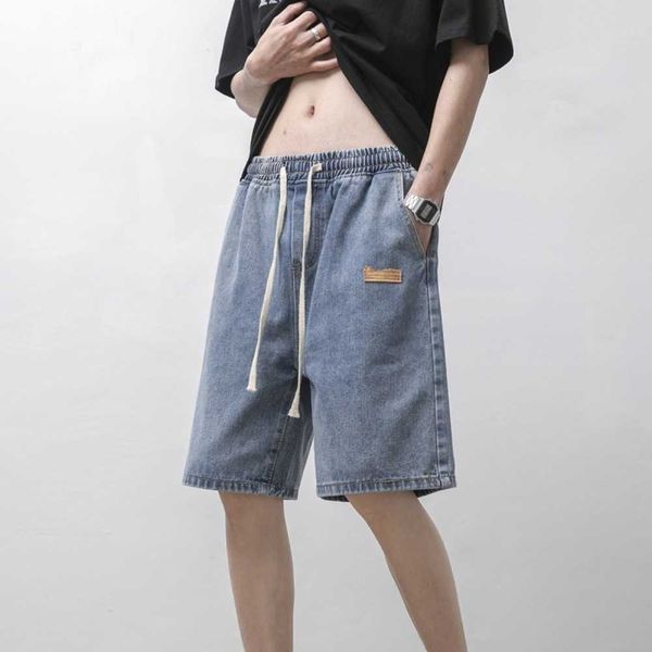 

american elastic waist denim shorts designer fashion brand summer new casual versatile 5/4 pants men's high street, Blue