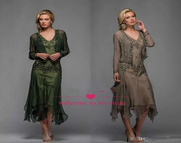 

chic tea length mother of the bride dresses v neck a line lace appliqued beaded wedding guest dress long sleeves plus size gowns6827191, Black;red