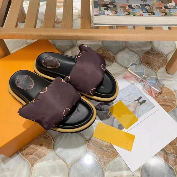 

platform designer pool pillow slides slippers for mens women comfort sunset flat mules easy-to-wear style scuff front strap luxury casual lo, Black