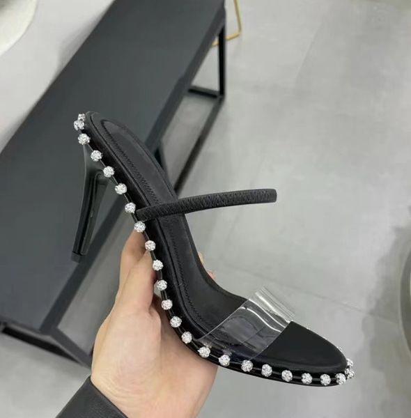 

fashion classic luxury designer summer women high heels 8cm agrade rhinestone studded sling back sandals nova high heels, Black