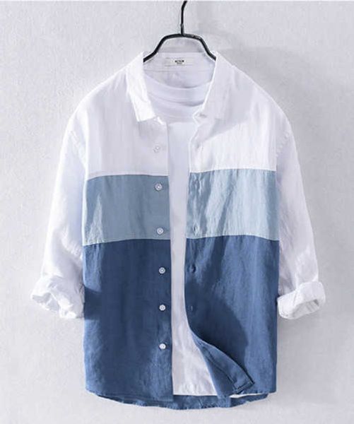 

linen men's lapel casual colorblock sleeve men's shirt zxuy, White;black