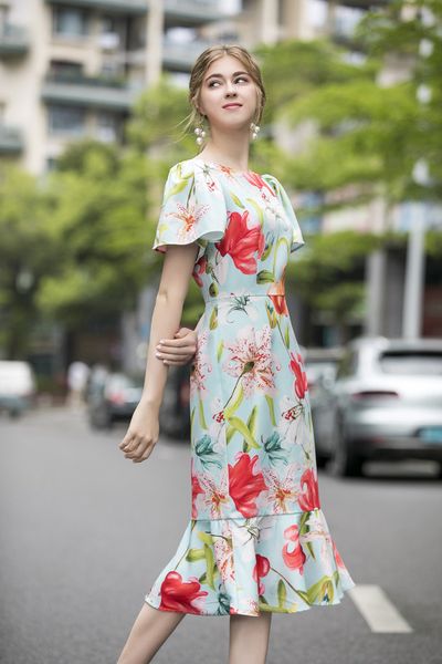 

530 xl 2023 spring summer flora print dress crew neck short sleeve dress panelld dress luxury fashion prom womens clothes as8, Black