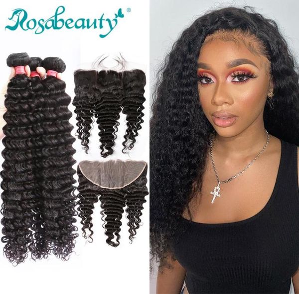 

human hair bulks rosabeauty deep wave bundles with 13x6 lace frontal brazilian curly closure 30 inch natural color wavy8157444, Black