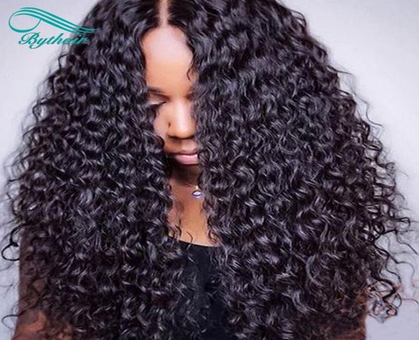 

bythair 13x6 long deep part pre plucked deep curly brazilian virgin hair lace front human hair wigs with baby hairs for black wome2764750, Black;brown