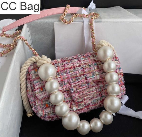 

cc bag 9a women's pearl handle decor fashion flap bags luxury designer women shoulder bag tweed clutch crossbody chain totes woollen wo, White