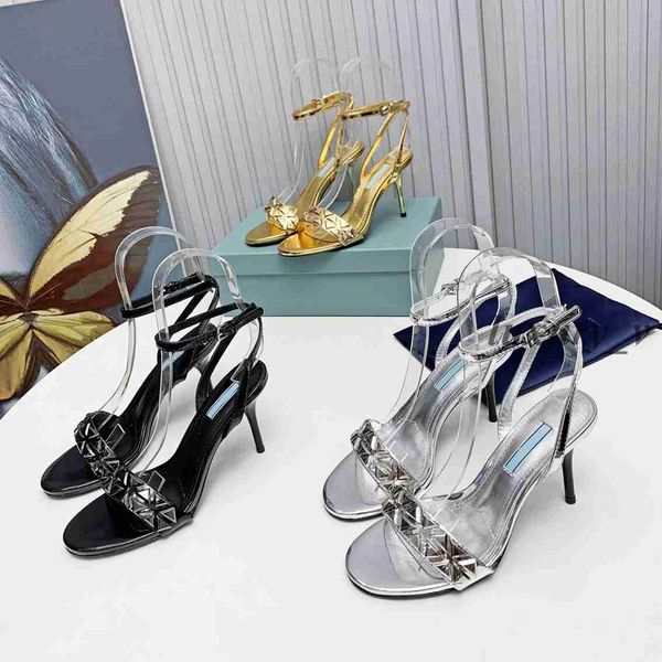 

designer women sandals silver high heels brushed leather stiletto ankle strap sandal open-toes rhinestone golden pumps 2023, Black