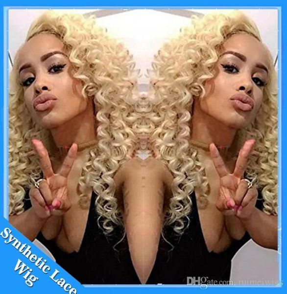 

cosplay wig afro kinky curly natural looking blonde 613 color synthetic lace wig heat resistant lace front curly synthetic wigs1930732, Black