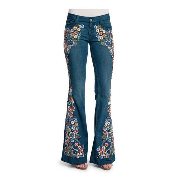 

jeans european style denim pant embroidered floral female trouser spring summer high waist jeans, Blue