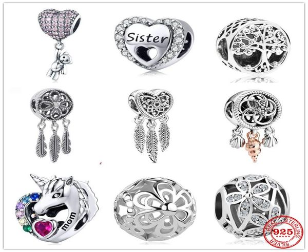 

silver 925 sister bear heart openwork heart&three feathers dreamcatcher charm bead fit original bracelet diy jewelry1731503, Black