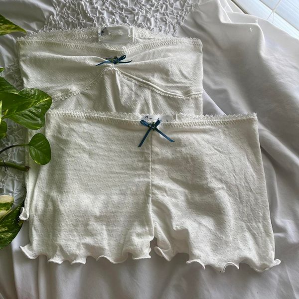 

two piece dress fairy grunge lace decor strapless pipe shorts 90s retro chic women's 2-piece set chest wrap crop top, White