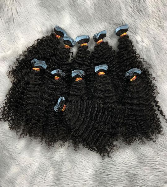 

kinky curly malaysian hairs tape in hair extensions 40 pcs per pack natural color extension for women9007037, Black