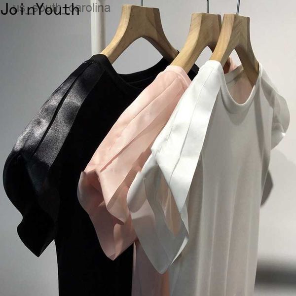 

2023 shirts for women fashion woman tshirts patchwork puff sleeve elegant blouses o-neck tees y2k casual solid t-shirt l230522, White
