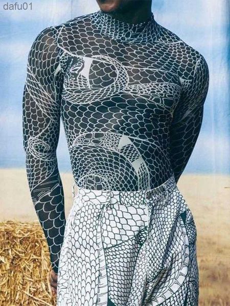 

2022 spring men see through slim vintage pattern print long sleeve turtleneck pullover mens fashion t-shirt streetwear l230520, White;black