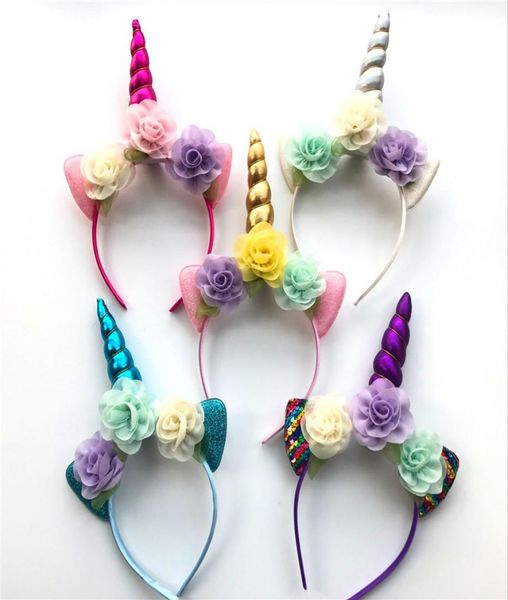 

glitter metallic unicorn headband girls chiffon flowers hairband for kids leaf flower unicorn horn party hair accessories3697639, Slivery;white